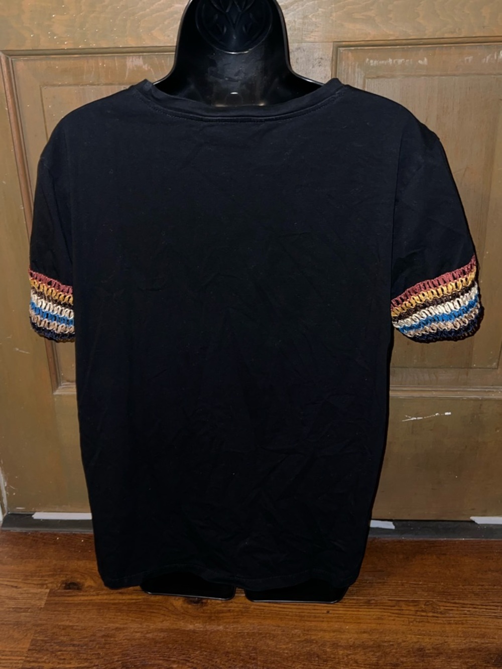 Amaryllis Black Multicolor Boho Short Sleeve Crochet Trim Relax Fit Shirt Size L - Picture 2 of 7